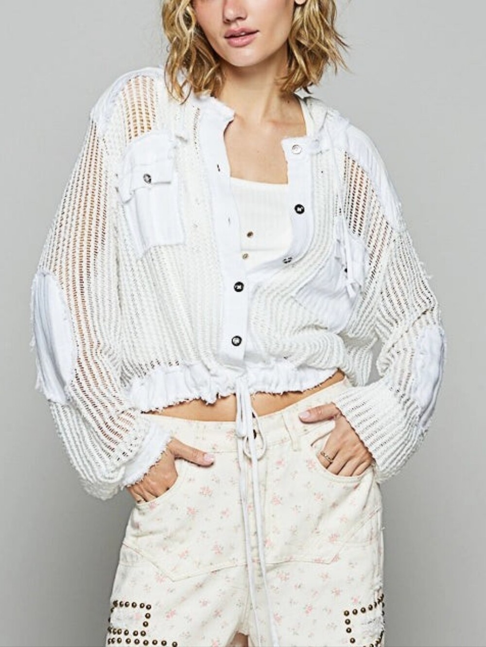 Just Beachy Top White Women’s White Hooded Crochet Cover-Up Jacket Cotton M L